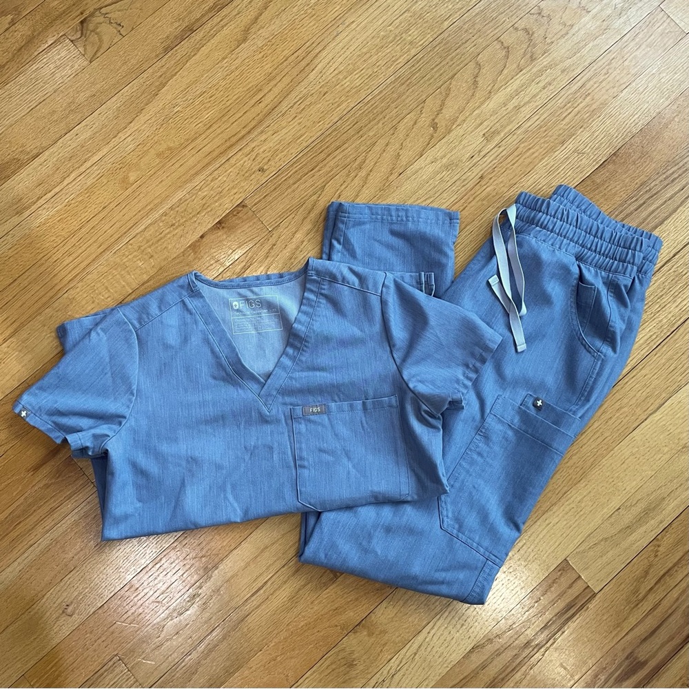 Figs High Waist Yola Skinny Sz Small Tall & Catarina Top Sz XS in Heather Denim